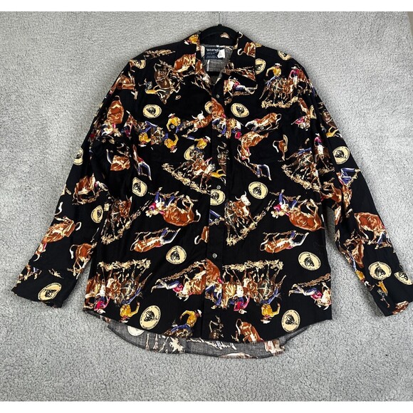 VTG Wrangler PRCA Shirt Mens 17 1/2 36 Black Button All Over Print Rodeo Ranch - Picture 1 of 13